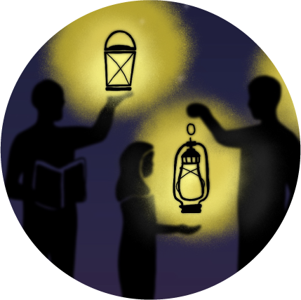 Silhouetted people holding glowing lanterns stand against a night sky with stars.