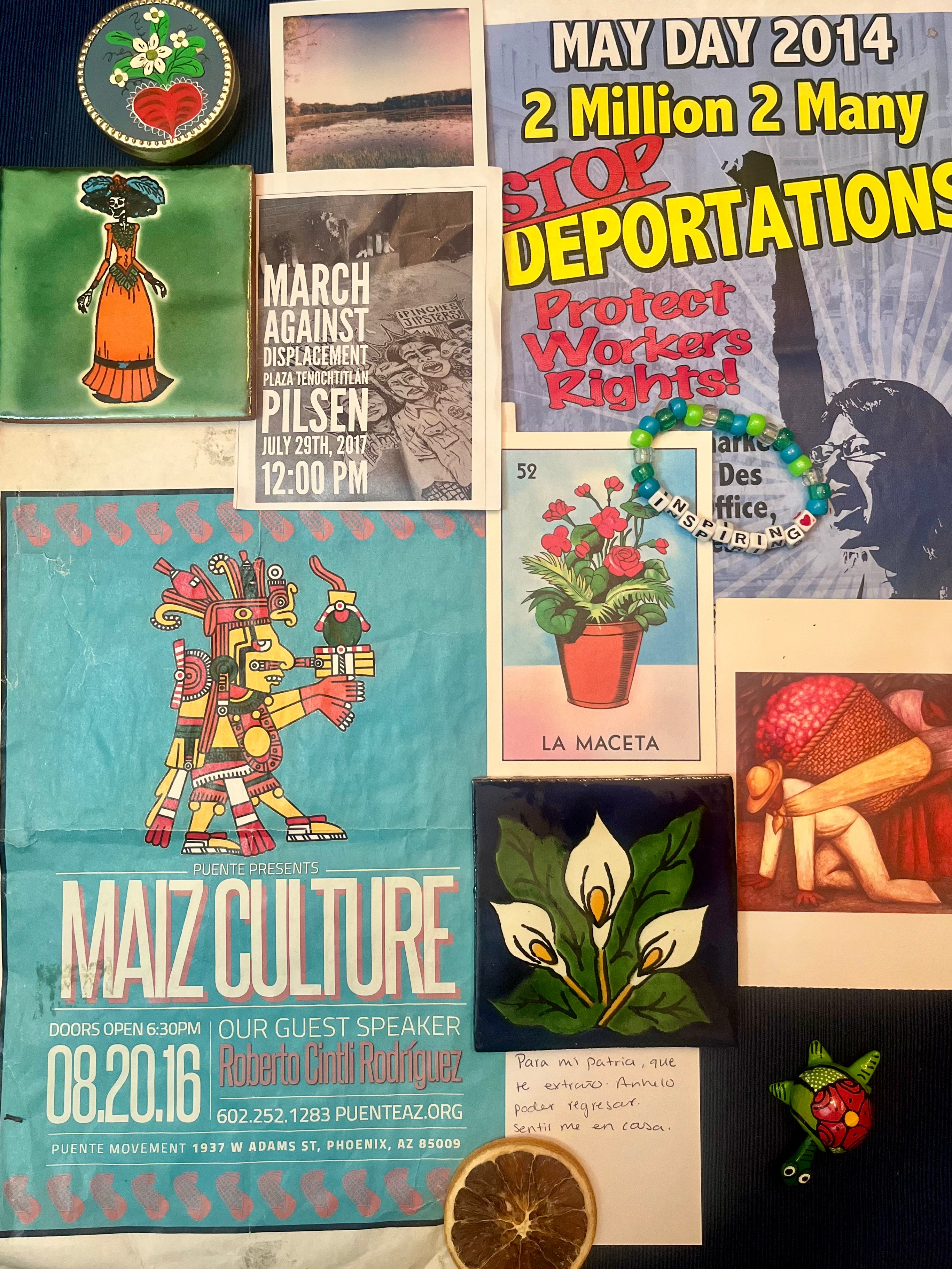 A collage blending photographs with textiles that reflect Xochiitl’s heritage.