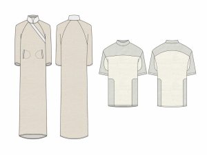 Digitally rendered sketches of a robe and T-shirt designed through collaboration. These initial designs were then adjusted to better reflect the community members’ ideal accommodating garment.