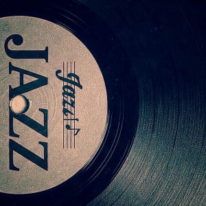 Close-up of a vinyl record with the word "Jazz" in capital letters